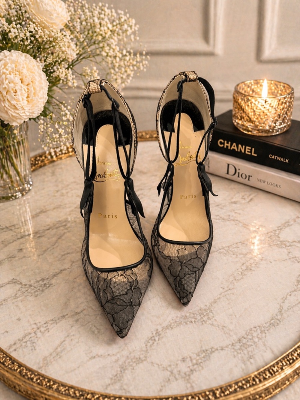 Christian Louboutin Black Lace Slingback Pumps with Red Sole 100mm/4 inch heel